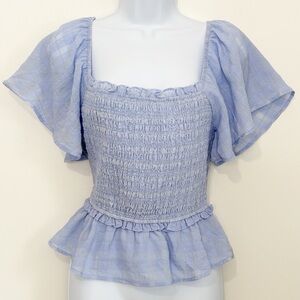 ASTR The Label Smocked Cropped Blouse Butterfly Sleeves Periwinkle Blue Medium